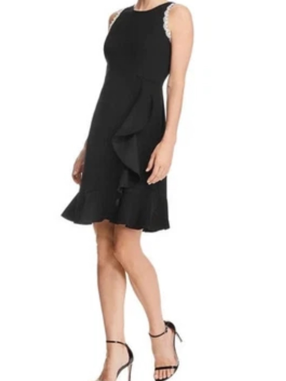 Nanette Lepore Black Sleeveless Cascading Front Ruffle Dress Lace Trim Sz 16